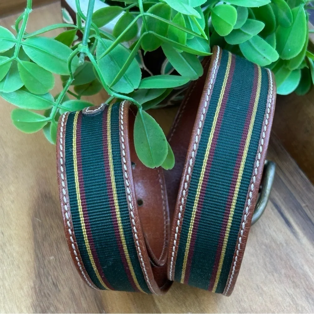 Bally Green & Red Canvas & Leather Belt Size 32 (xs-s) Made in Italy
